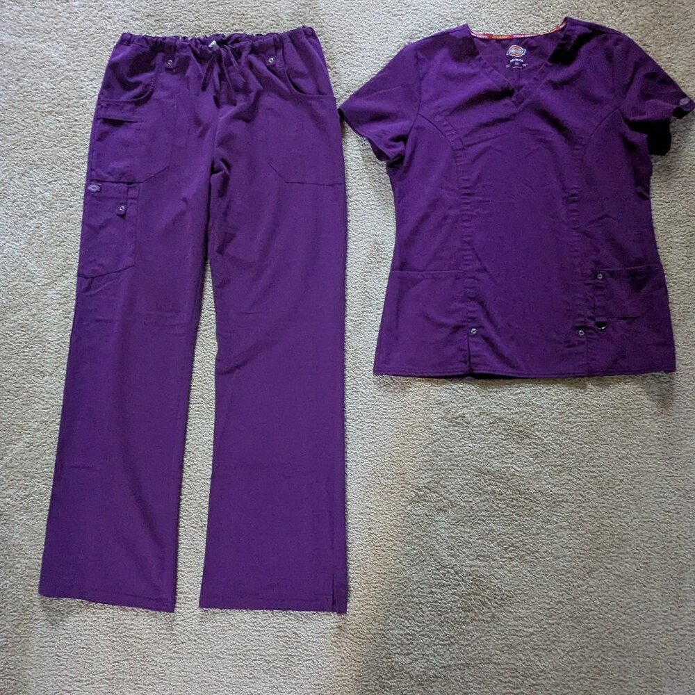 Dickies Xtreme Stretch Women's V-Neck Scrub Top & Drawstring Pants-Eggplant
